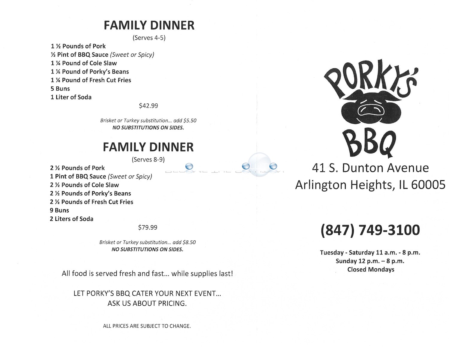 Porky's BBQ Arlington Heights Menu (Scanned Menu With Prices)